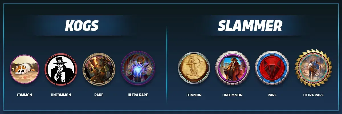 Four rarity types: Normal KOGs on the left, and Slammers on the right, with common unknown rare ultra rare on both sides