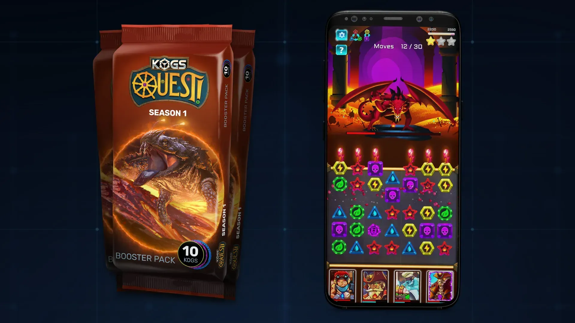 Three booster packs stacked and the mobile gameplay of KOGs Quest