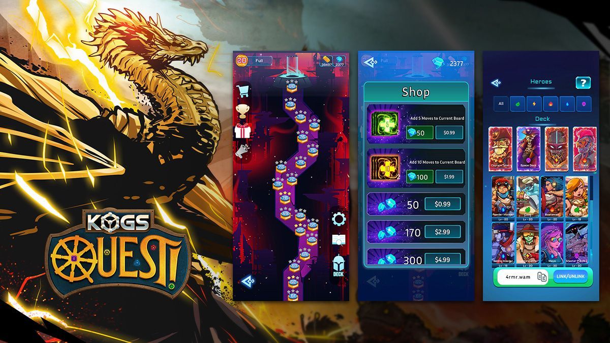 KOGs Quest dashboard and screenshots of the mobile app game