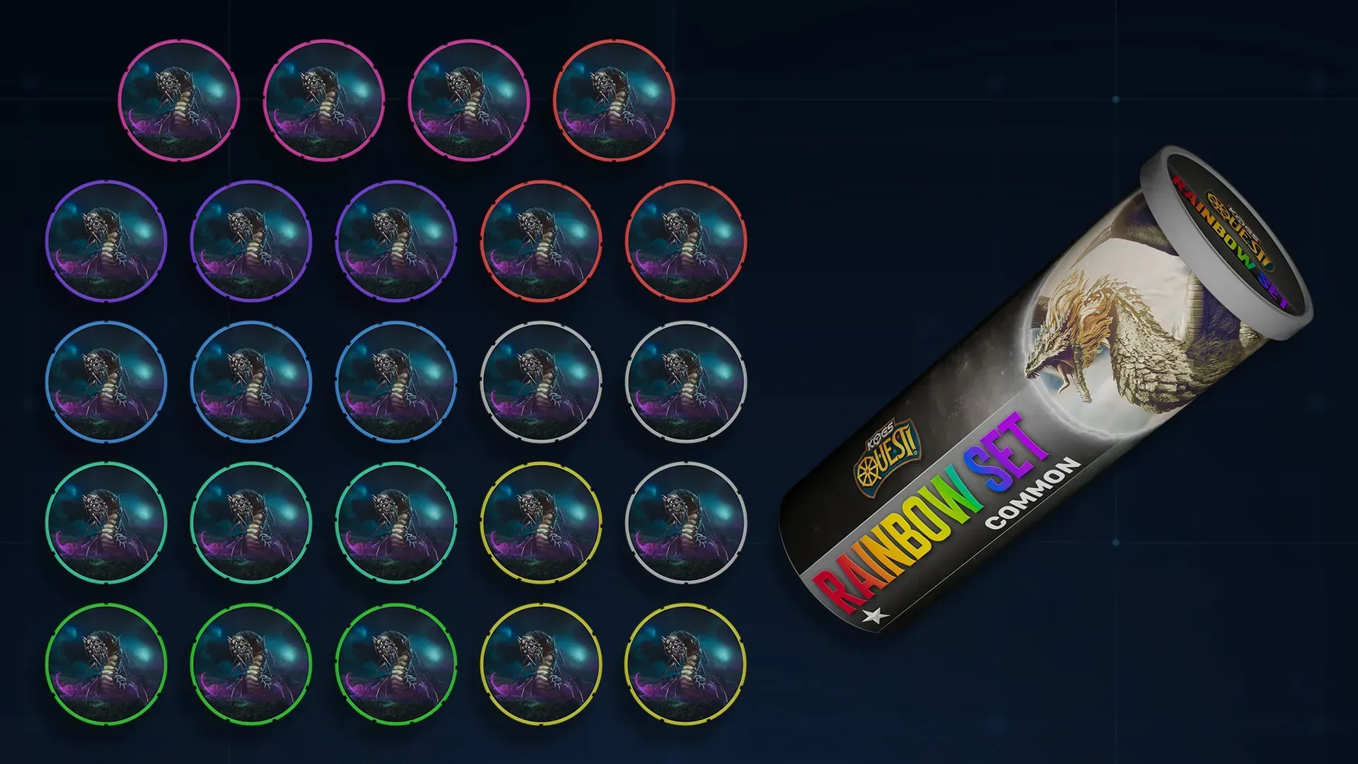 Twenty-four digital collectibles and a rainbow set tubes choobs for the KOGs Quest pet redemption