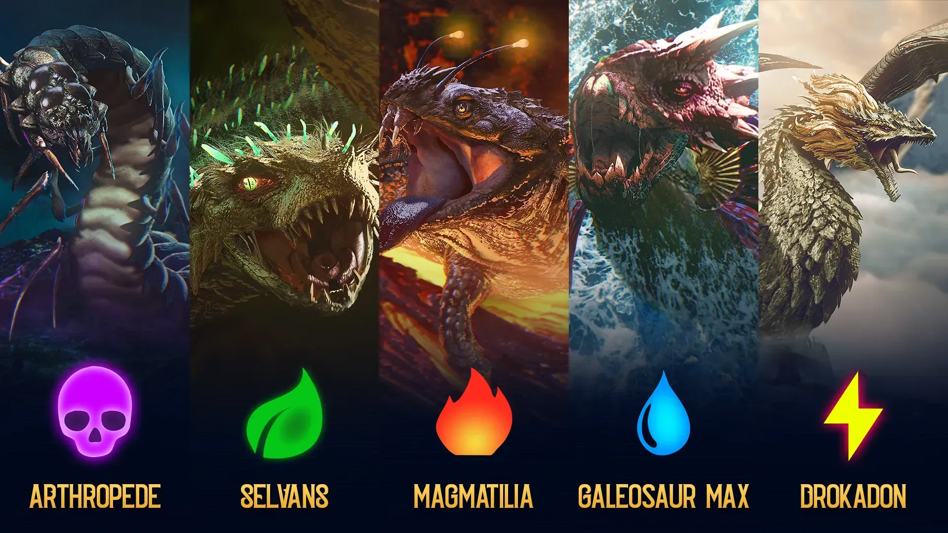 Arthropede, Selvans, Magmatilia, Galeosaur Max, and Drokadon dragon heroes of KOGs: QUEST! gameplay
