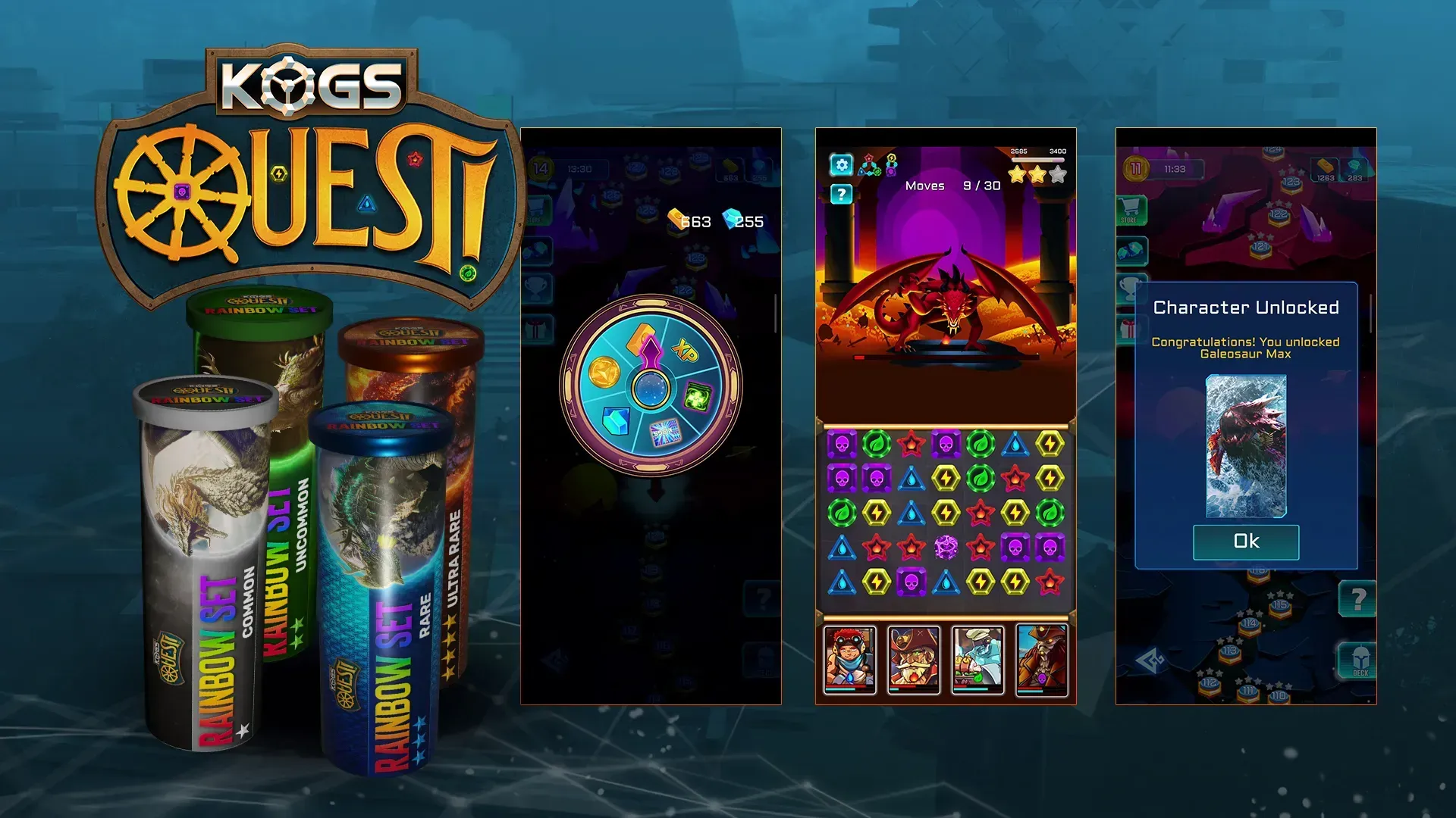 Screenshots of the KOGs Quest gameplay for mobile and four rainbow set choobs