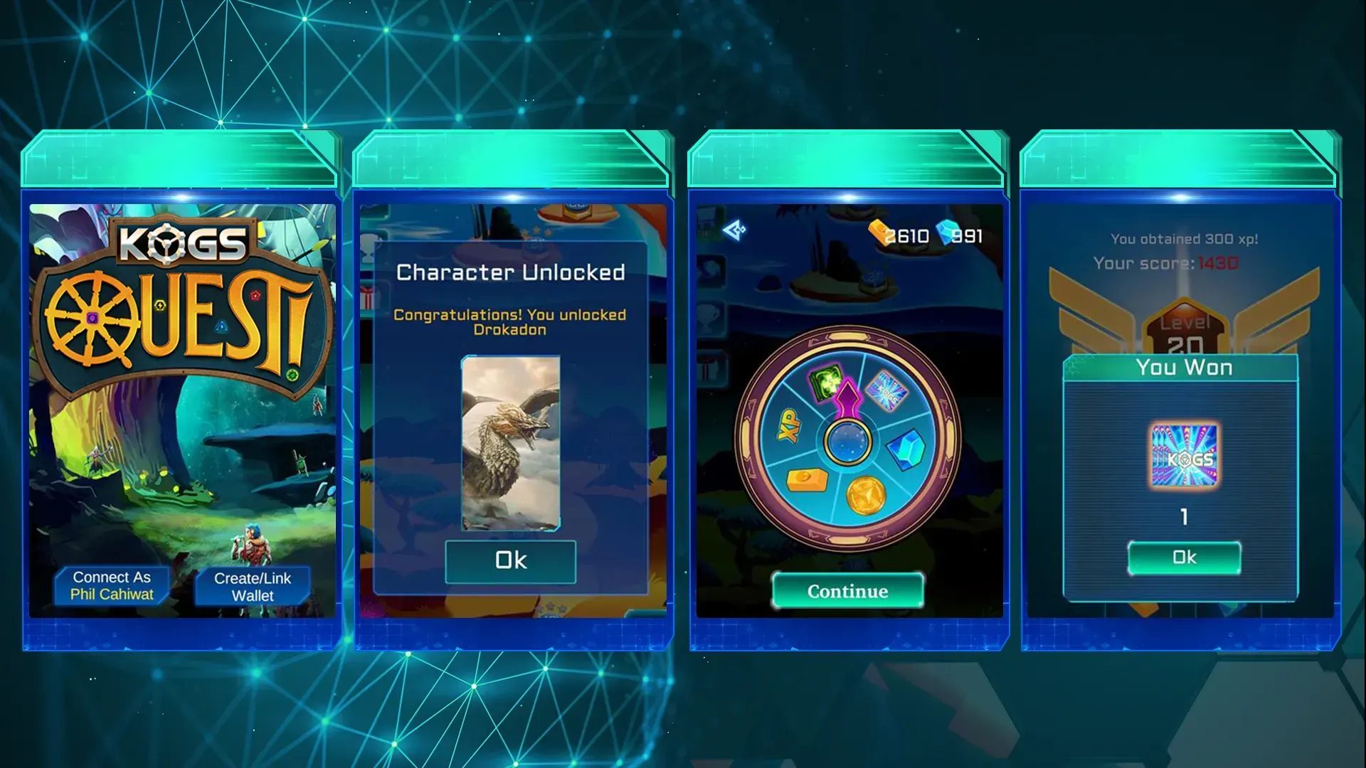 Four screenshots of the KOGs Quest gameplay: the login, character unlocked, gems, and level won