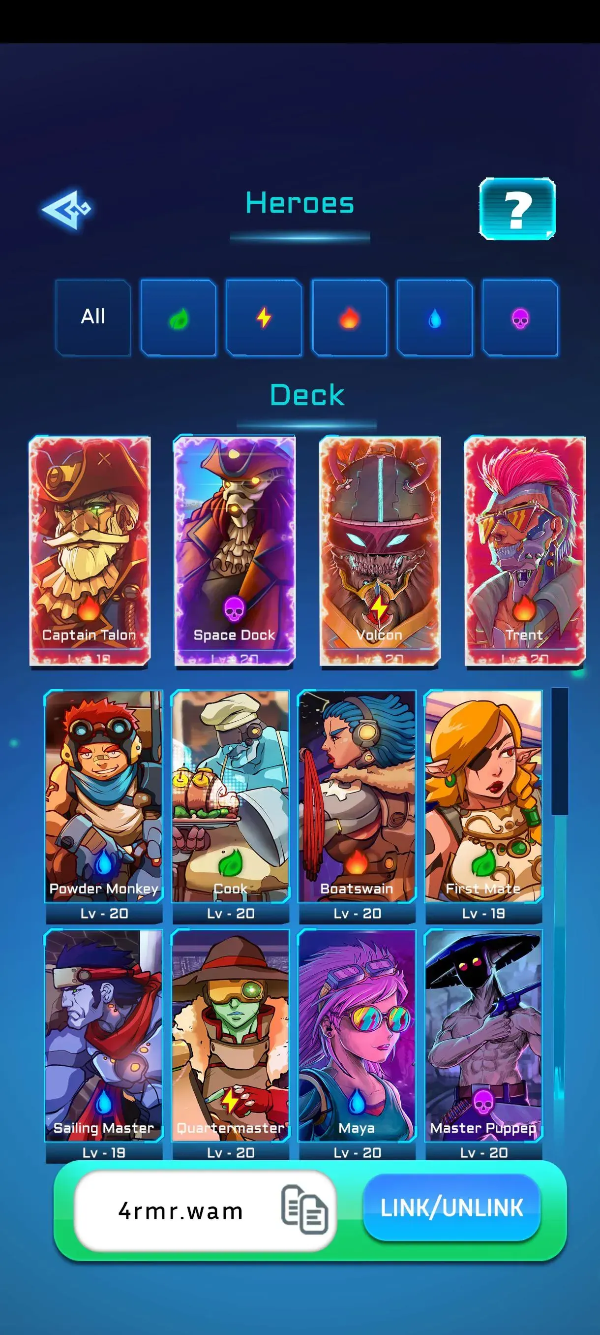Heroes selection screen of the KOGs Quest game on mobile