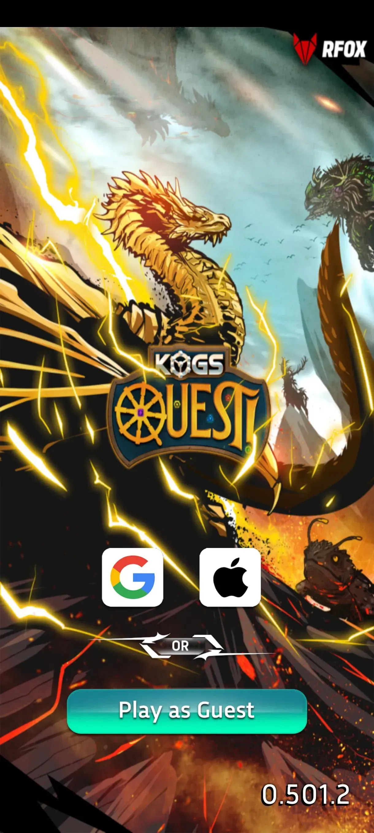Log in screen of the KOGs Quest game on mobile