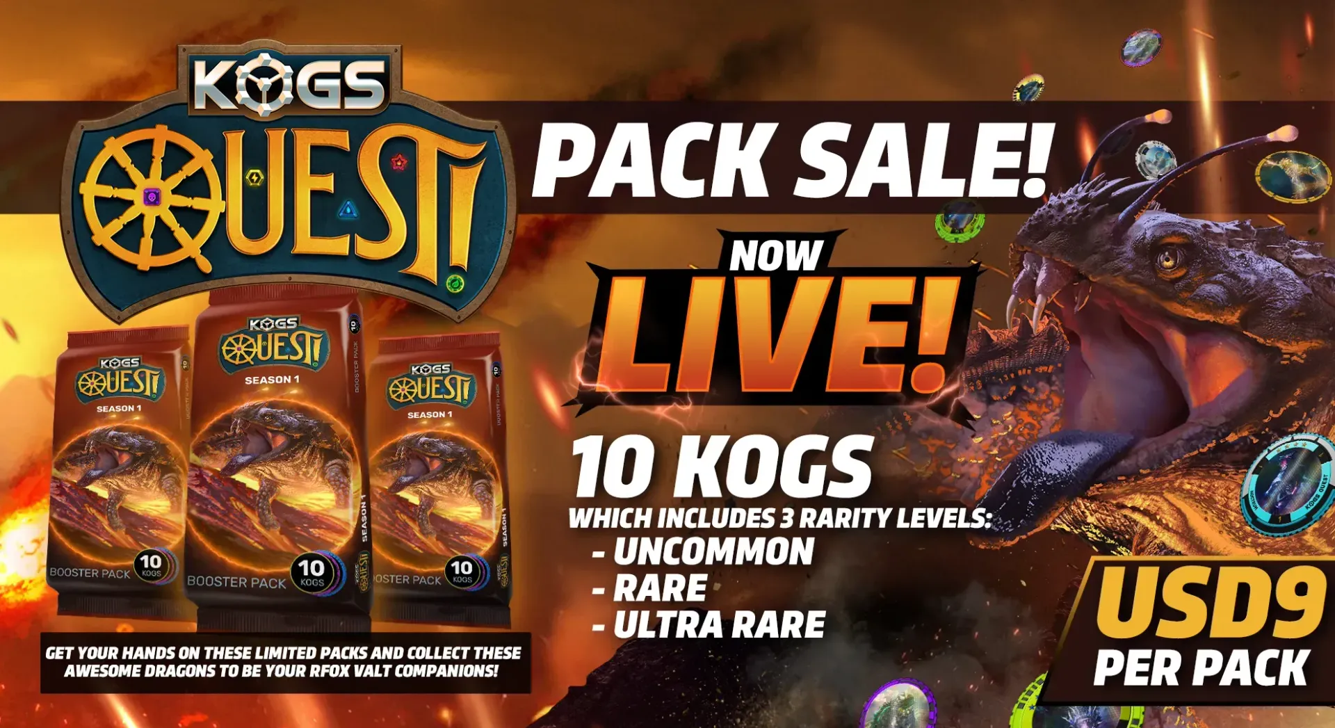 Season 1 booster pack with uncommon, rare, and ultra rare rarity level in the KOGs Quest pack sale