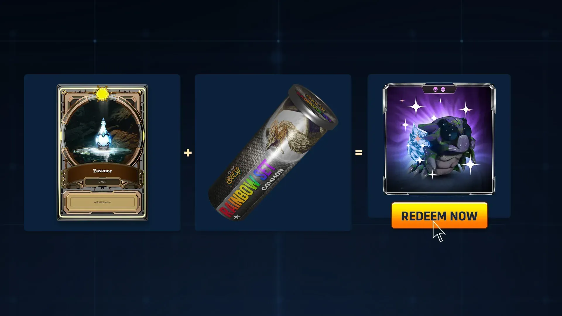 An essence crafting material on the left, a KOGs Quest rainbow set common tube choob on the center, and an arthropede dragon pet with redeem now button on the right