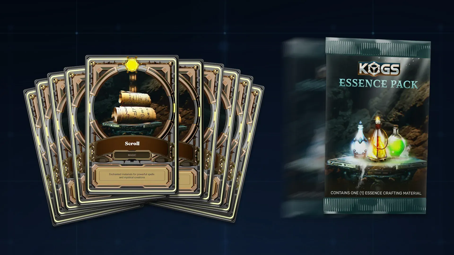 Ten scrolls of crafting materials on the left and an essence pack on the right
