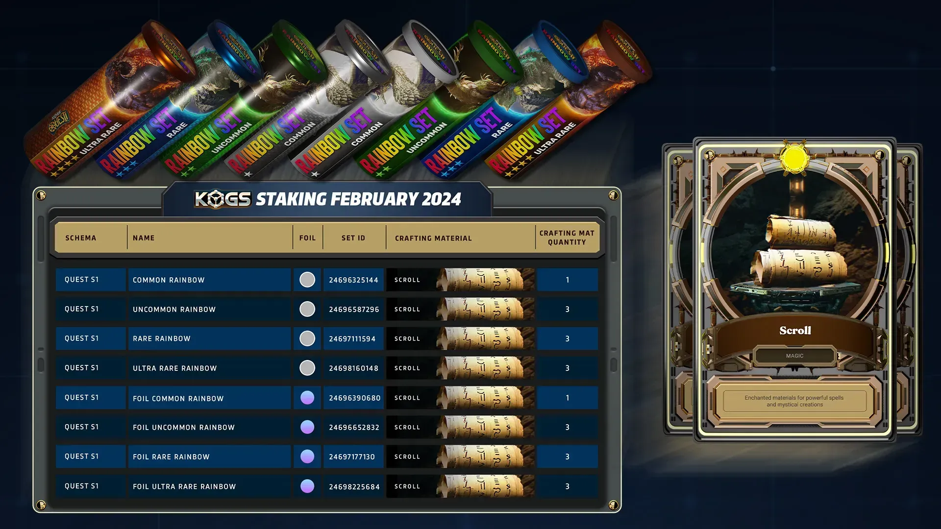 A staking table for KOGs with eight tube choob rainbow sets and three crafting materials
