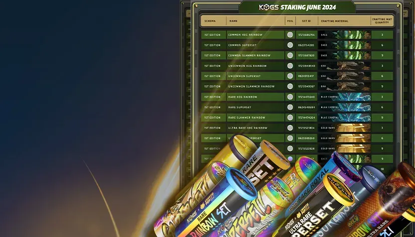 Group of Tubes with a variety of rainbow set and superset containing KOGs Quest crafting materials and NFTs with the Staking table in the background