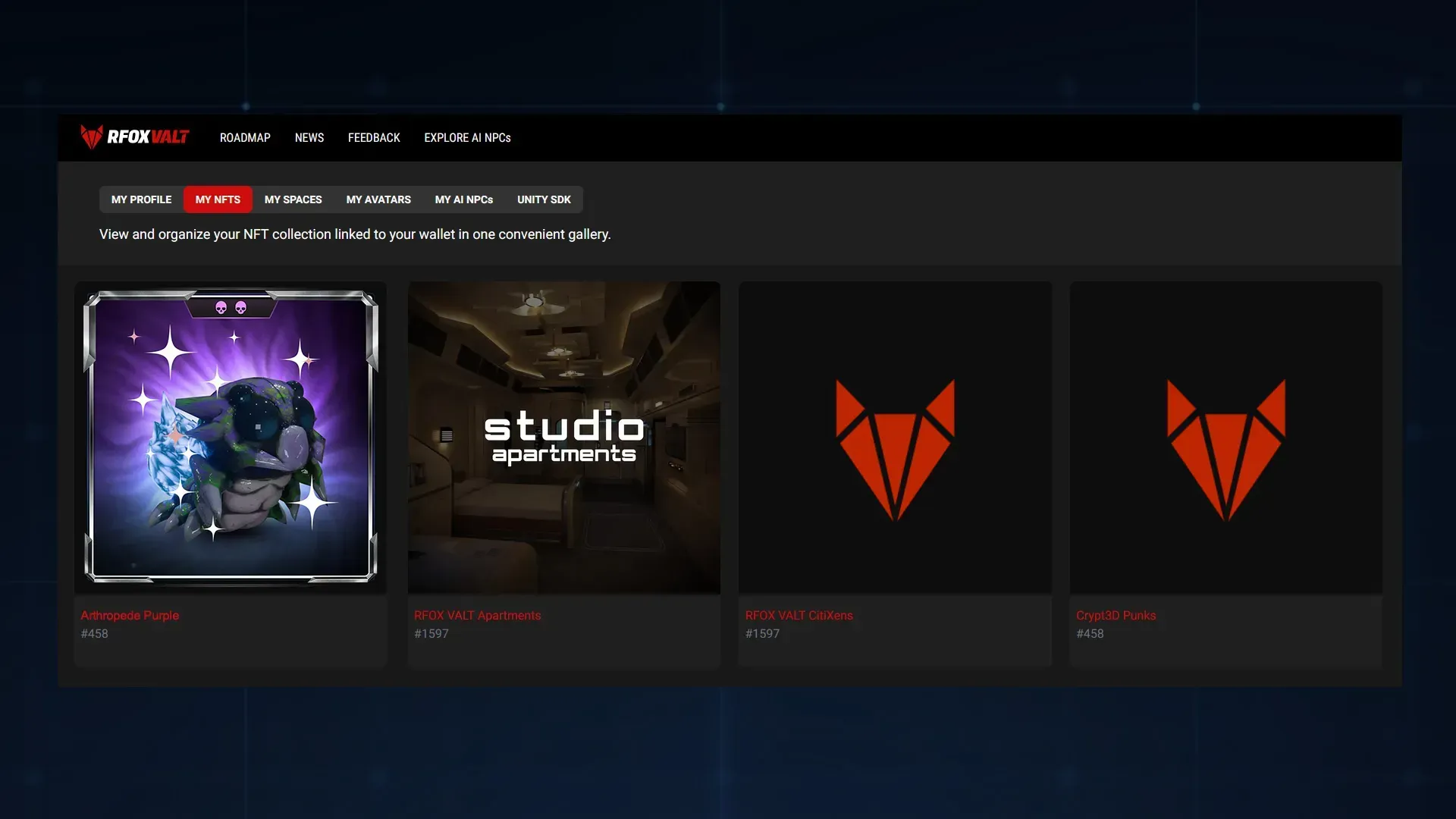 A dashboard on RFOX VALT showing the tab My NFTs with Anthropede Purple on the left, Studio Apartment next on the center, and two RFOX logos on the right