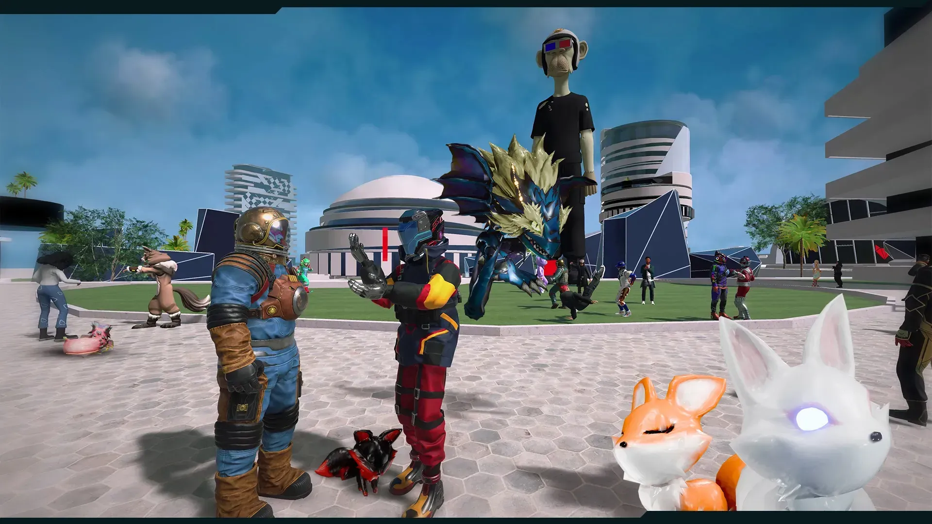 CitiXens and Companions pets roaming around the Qua5ar quarter in the RFOX VALT metaverse