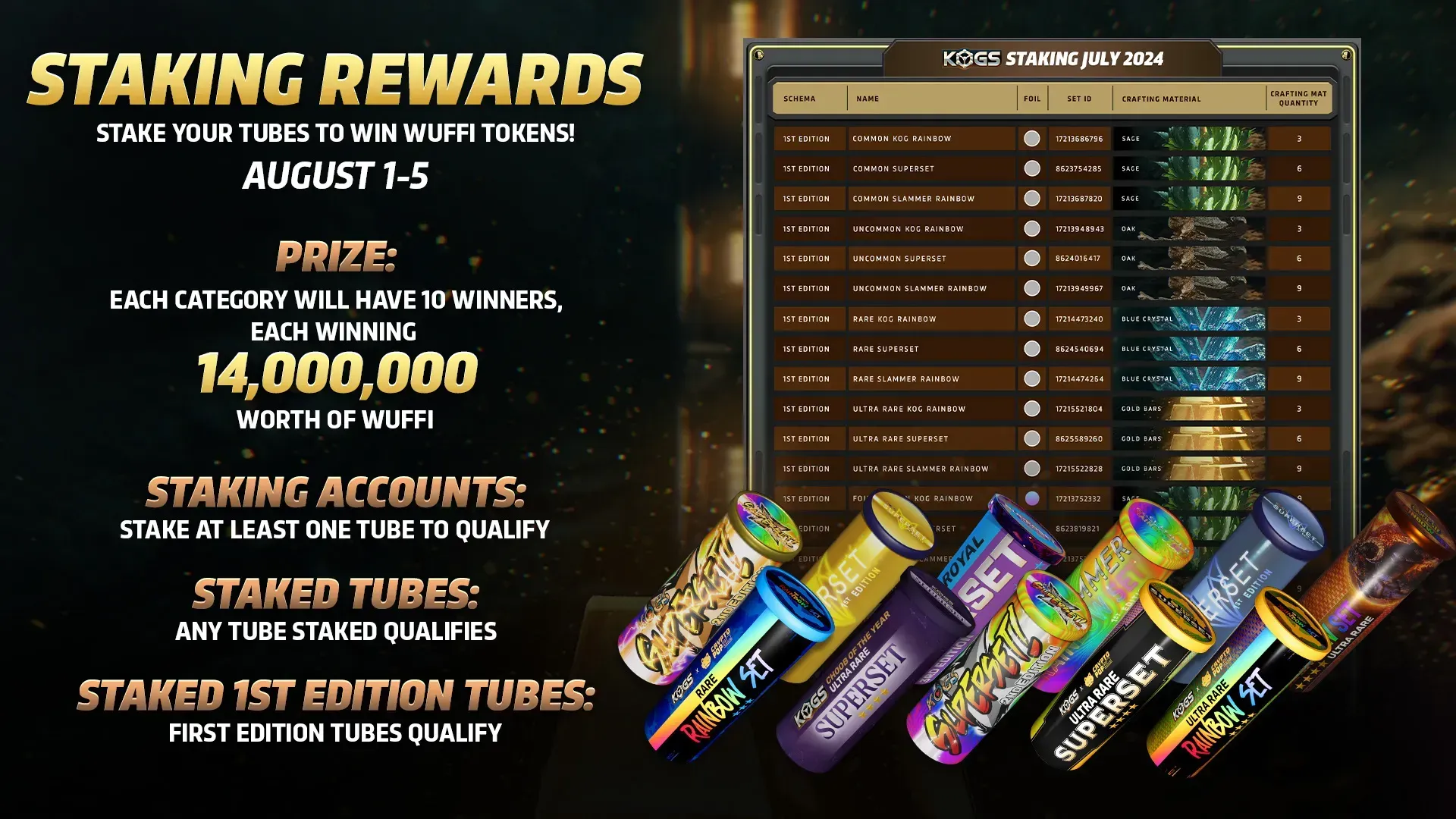 KOGs Staking Rewards: Stake you tubes to win Wuffi tokens August 1-5
