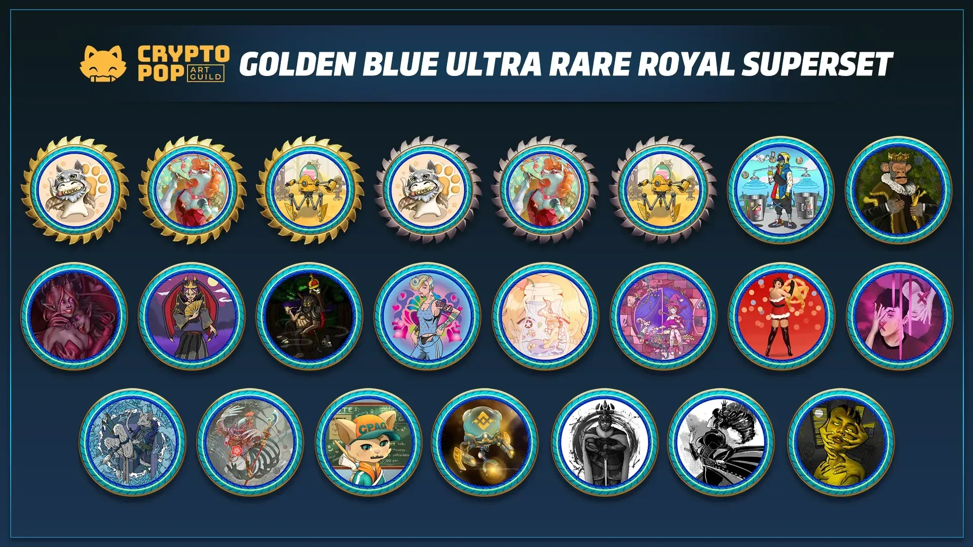 Set of 23 NFT collectible KOGs with a title text CPAG golden blue ultra rare royal superset