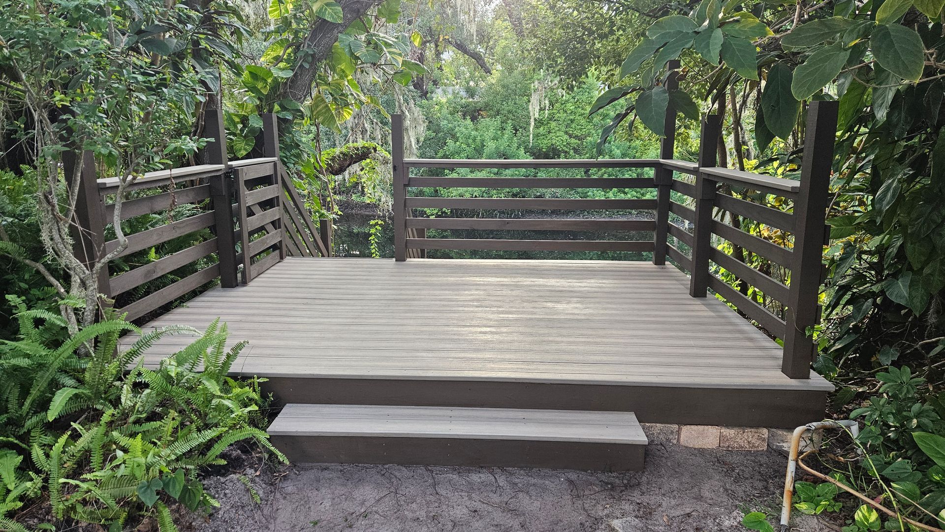 Wooden viewing deck with railings surrounded by lush green forest