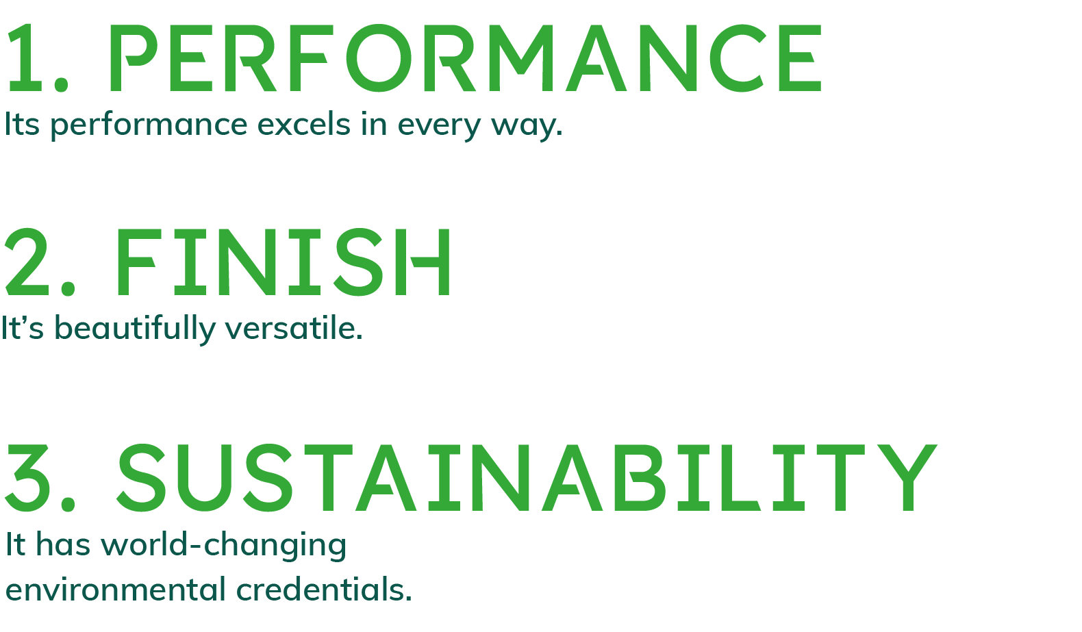 A white background with green text that says performance finish and sustainability