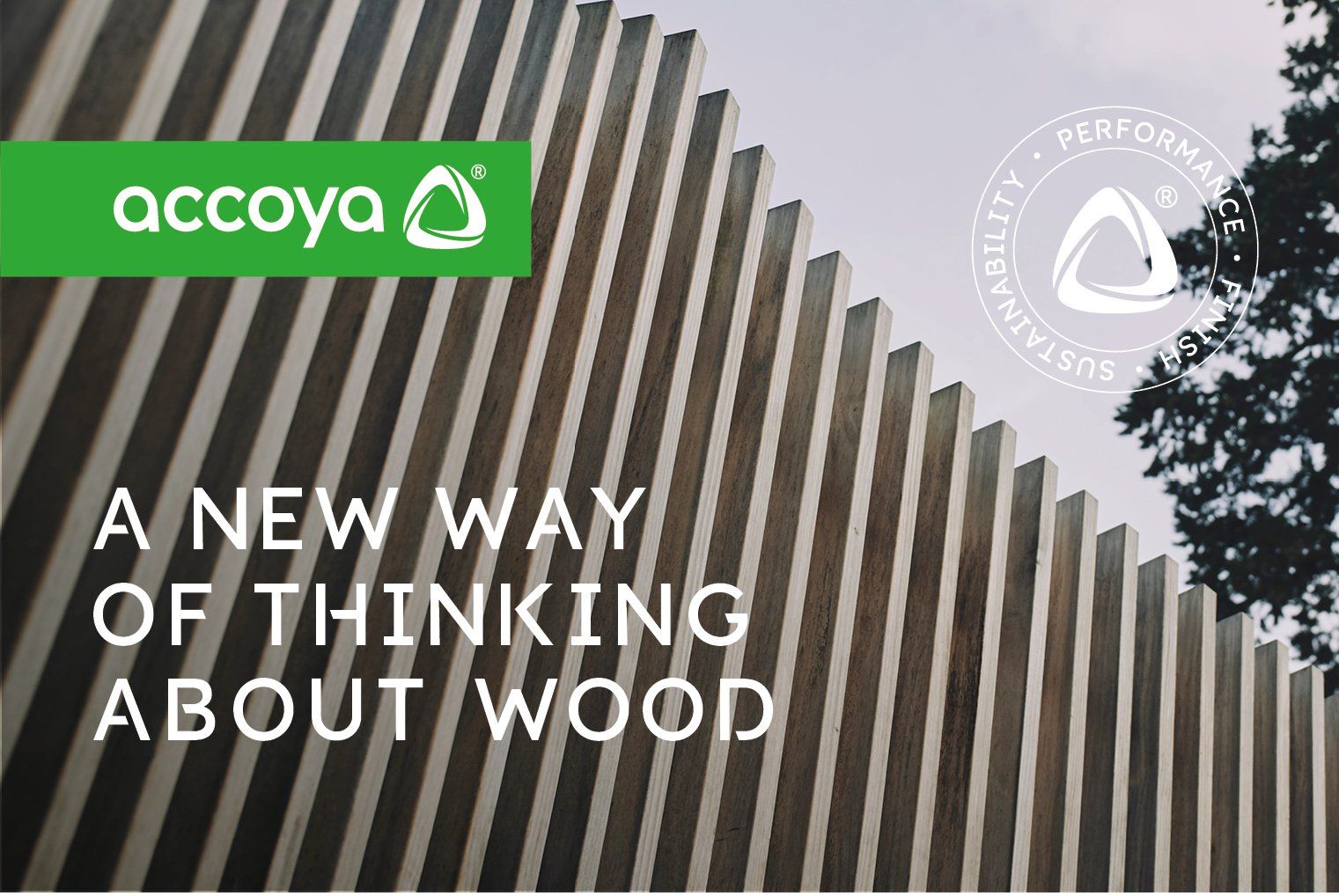 An advertisement for accoya a new way of thinking about wood