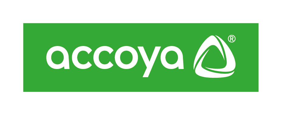 Accoya logo in white on a green rectangular background