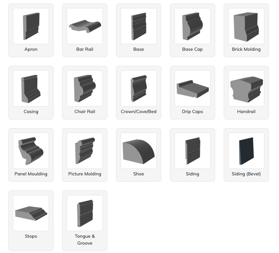 Grid of labeled gray 3D molding/cap profile shapes on a white background