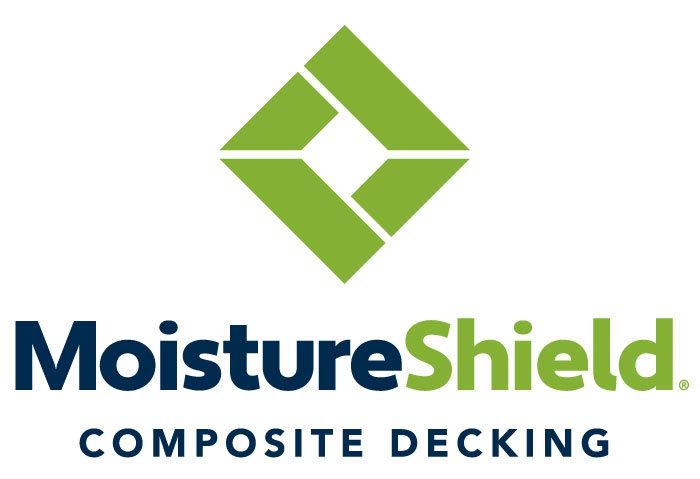 MoistureShield composite decking logo with green geometric icon and blue-green text