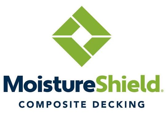 MoistureShield composite decking logo with green geometric icon and blue-green text