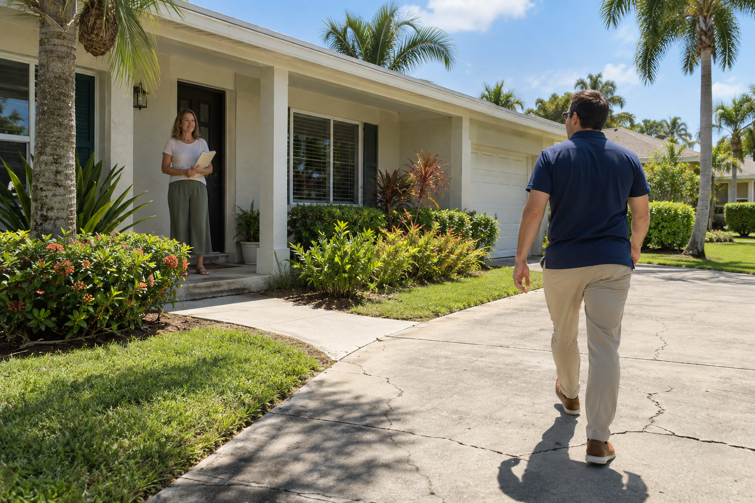 Homeowner standing on a shaded front porch of a single-story Florida ranch, holding a folder while a buyer walks the cracked driveway under bright midday sun