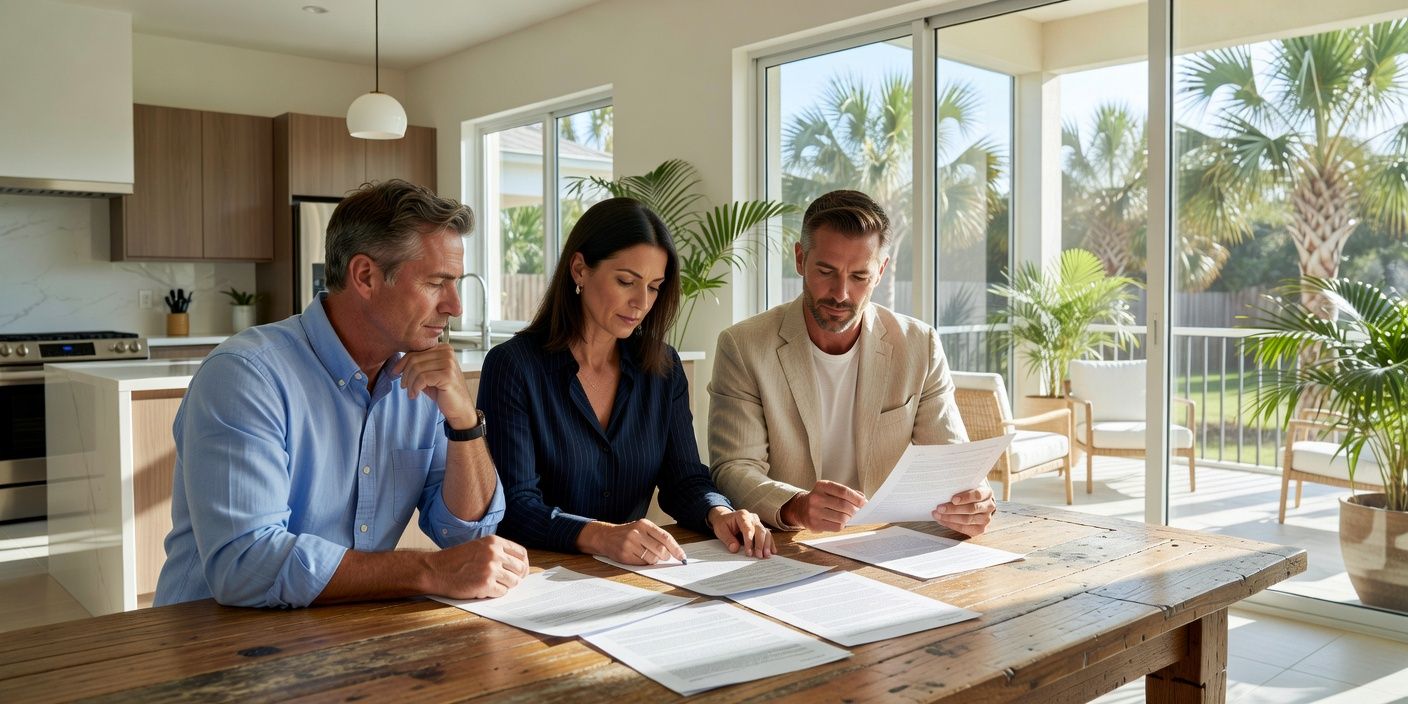 Heirs reviewing paper title documents at a kitchen table in a sunlit Palmetto Florida home with sliding doors to a lanai