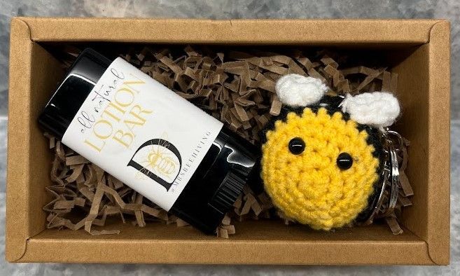 Beeswax lotion bar paired with a cute handmade bee keychain gift set.