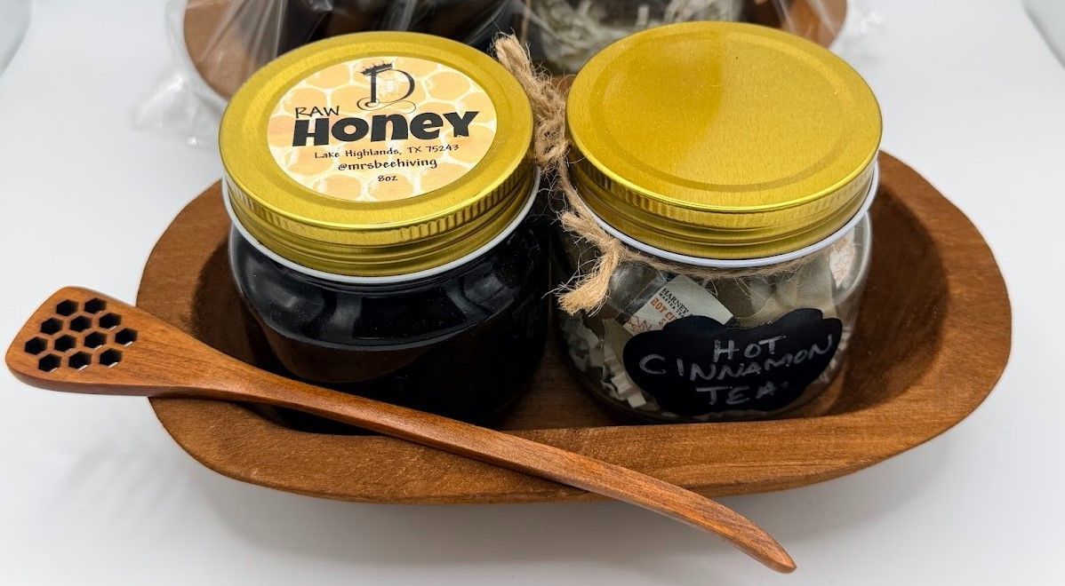 Large Honey and Tea Gift Set with 8 oz raw honey, Hot Cinnamon Tea, and wooden dipper in a carved wooden dough bowl w/ bow