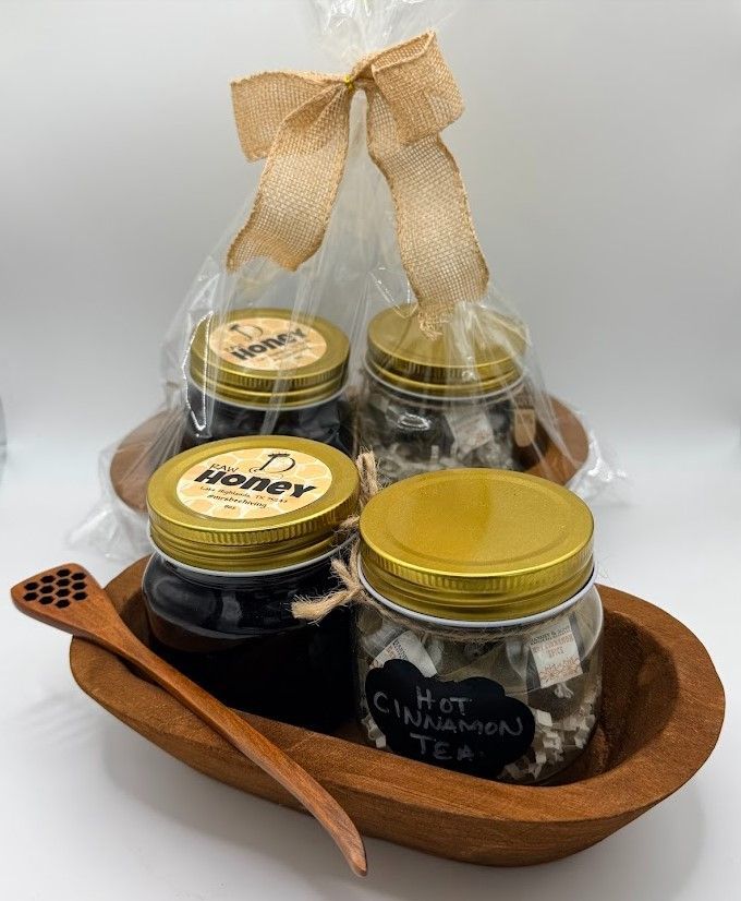 Large Honey and Tea Gift Set with 8 oz raw honey, Hot Cinnamon Tea, and wooden dipper in a carved wooden dough bowl w/ bow
