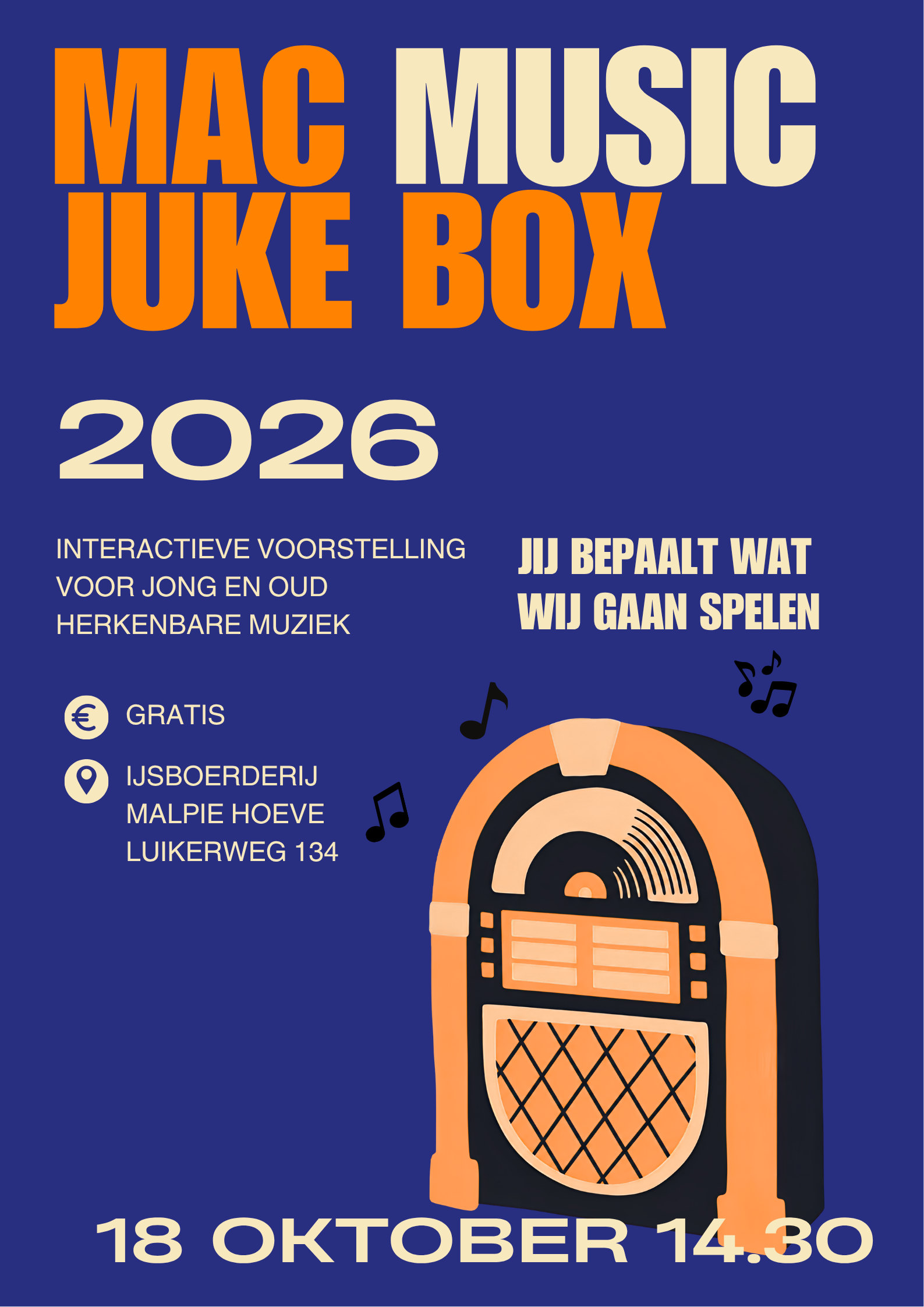 Mac Music Juke Box concert 18 oktober 2026 om 14.30 malpie hoeve valkenswaard, toegang gratis