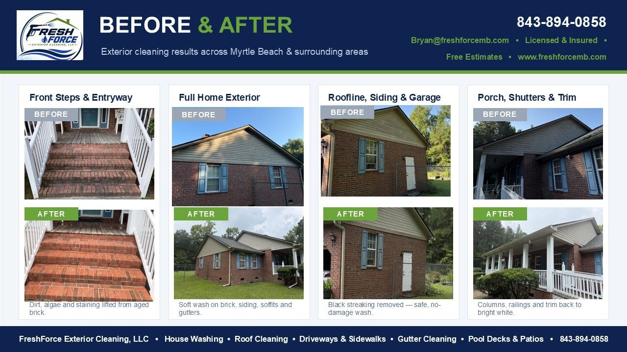 Before-and-after examples of roof, siding, and painting work on homes and buildings