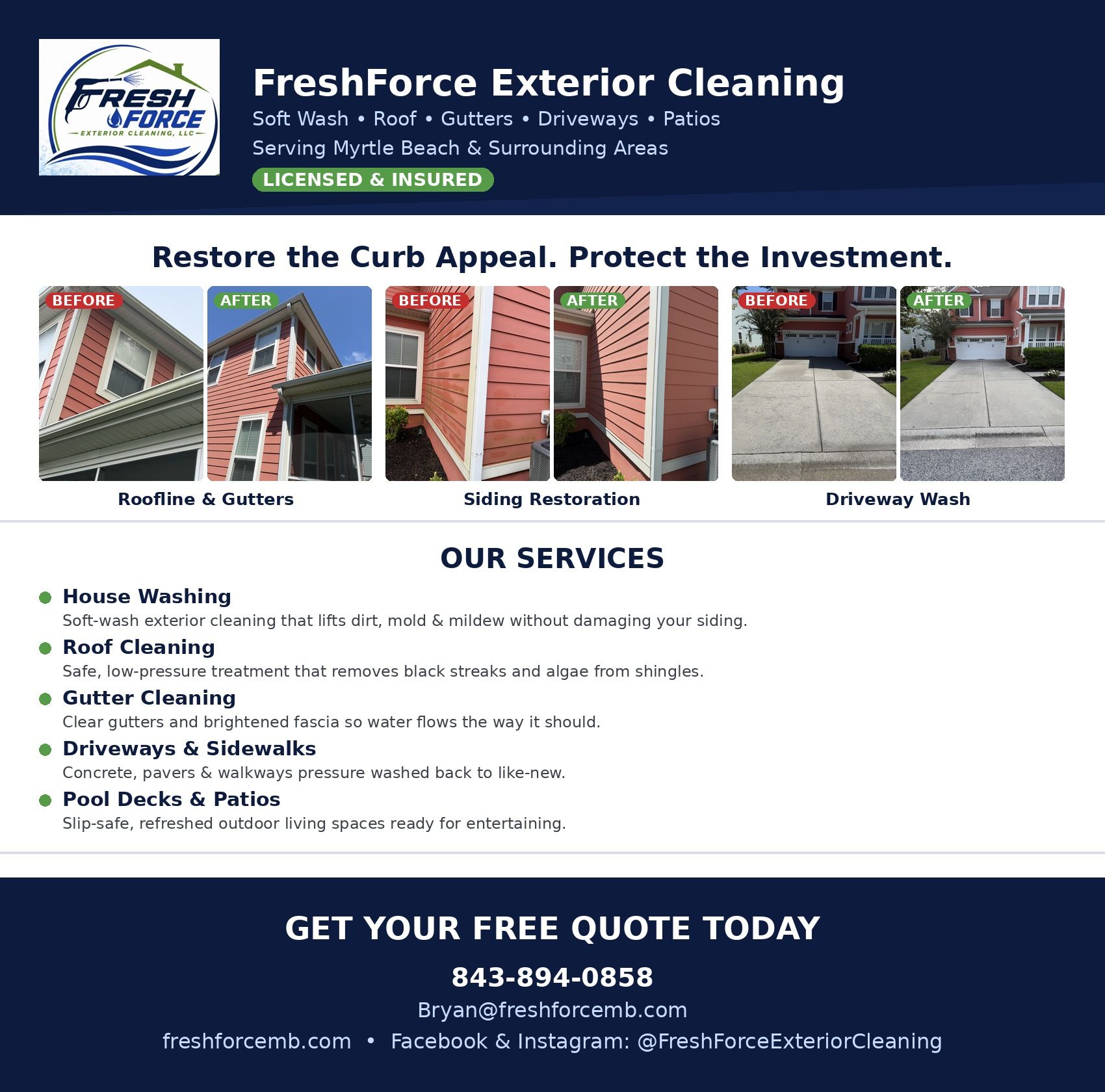 FreshForce Exterior Cleaning ad with house siding, roof, and driveway before-and-after examples and free quote info