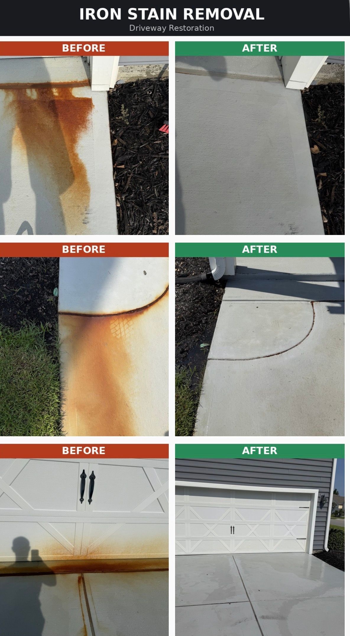 Before-and-after panels showing iron stain removal on a concrete surface, with rust stains cleaned away.