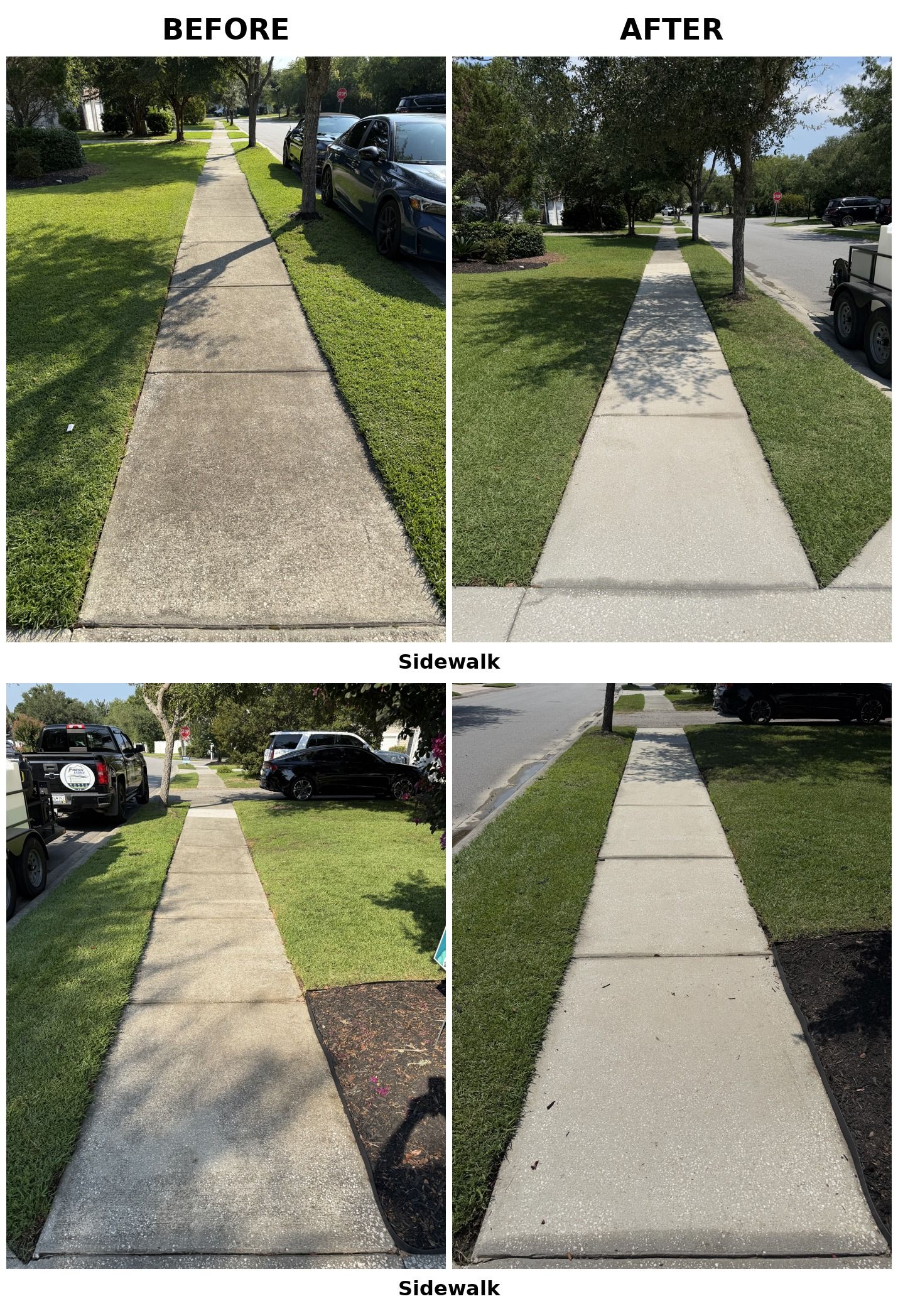 Four-panel before-and-after of a repaired sidewalk, showing cracked concrete replaced with smooth, even slabs.
