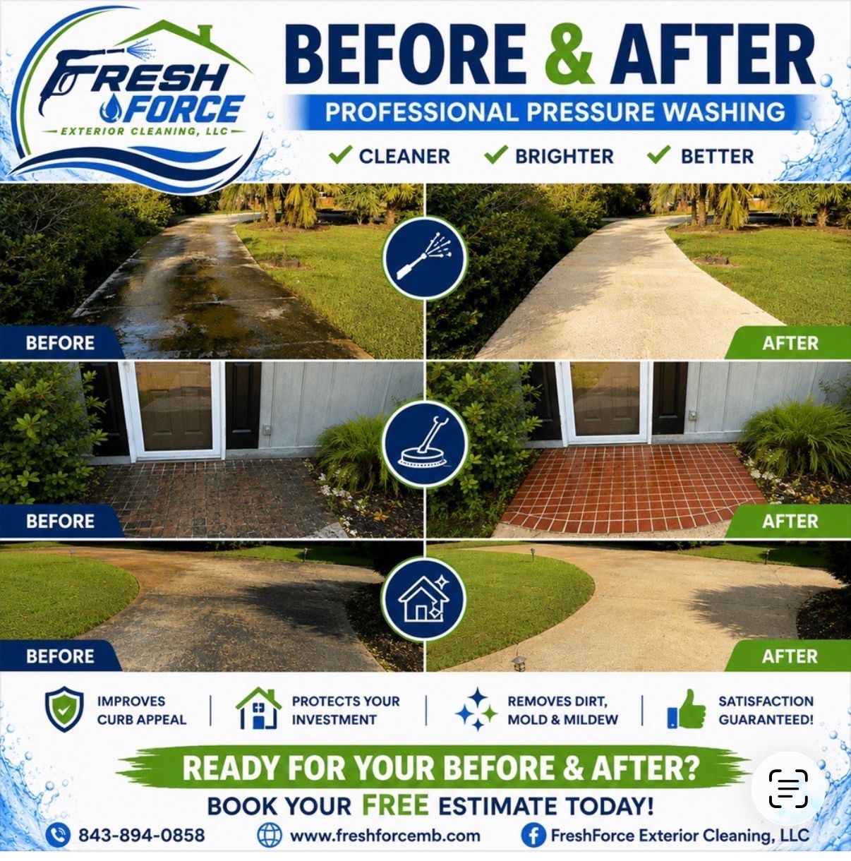 Fresh Force pressure washing before-and-after ad showing cleaned driveway, walkway, and brick patio.