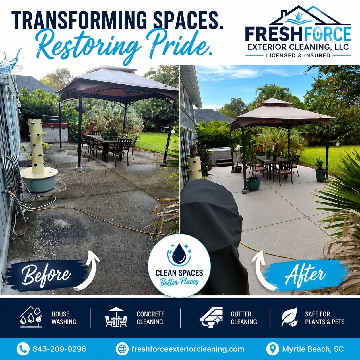 Before-and-after patio cleaning by FreshForce Exterior Cleaning, showing a restored outdoor space.