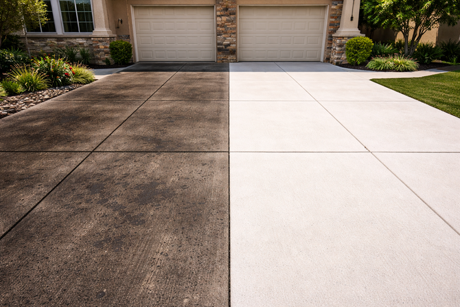 Concrete driveway split between dark stained and light cleaned sections in front of a garage