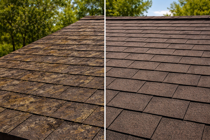 Split-view of a roof with mossy shingles on the left and clean shingles on the right, with trees in the background