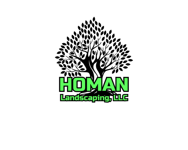 Homan Landscaping, LLC logo with a stylized black tree above green text on a white background