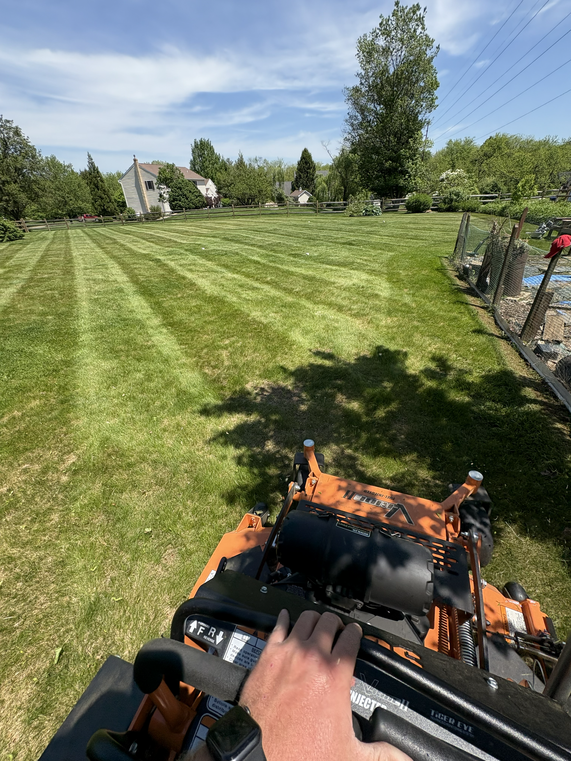 Riding a mower across a sunny, freshly striped lawn near trees and a house