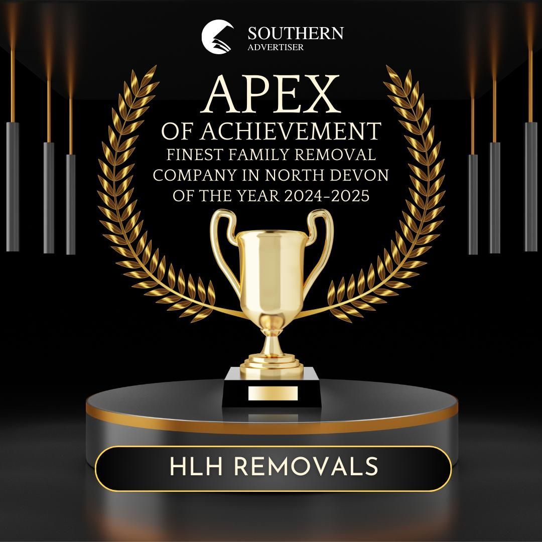 Gold trophy with laurel wreath and text honoring HLH Removals as Apex of Achievement 2024–2026.