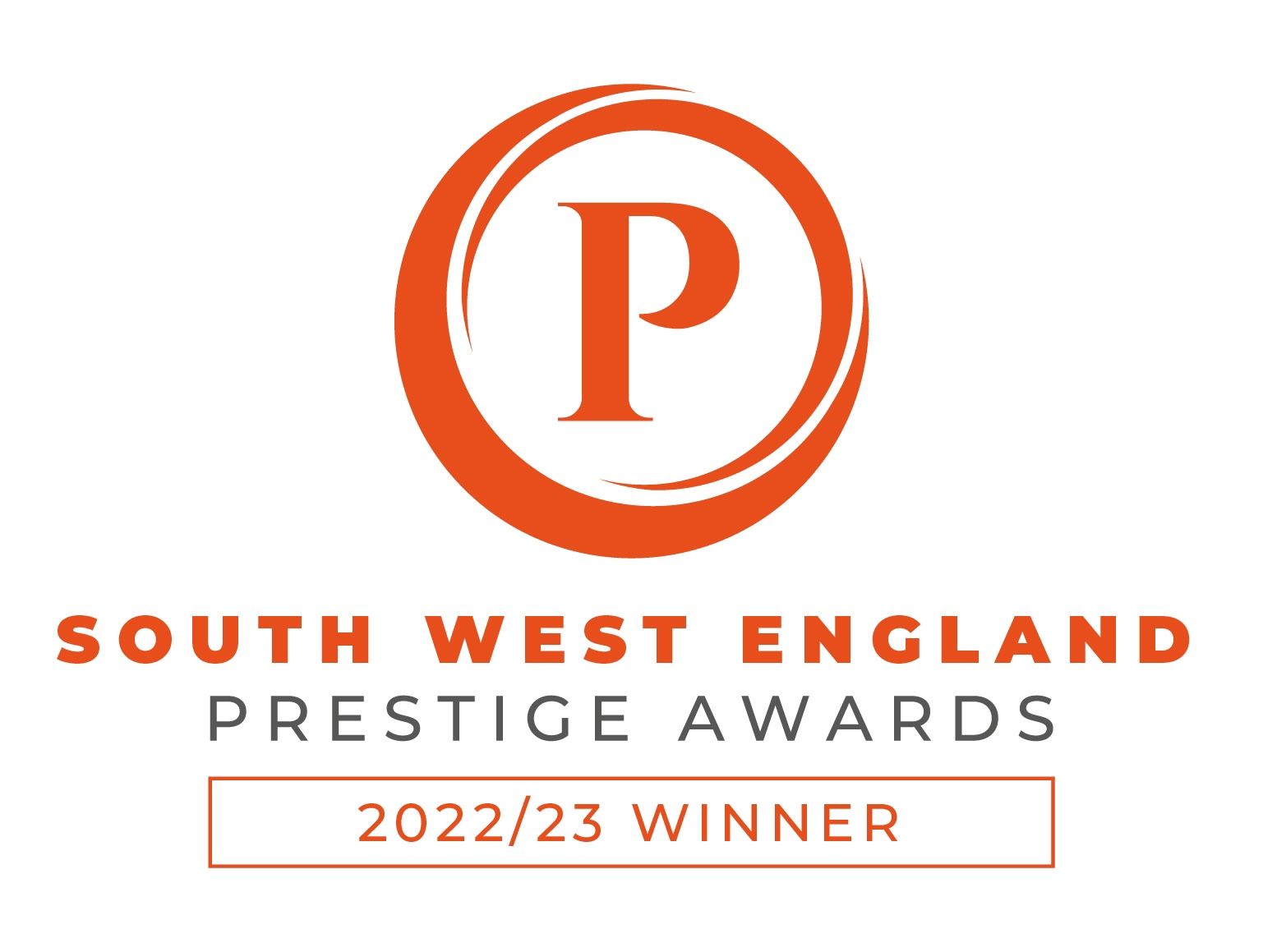 South West England Prestige Awards logo with orange “P” emblem and “2022/23 Winner” text