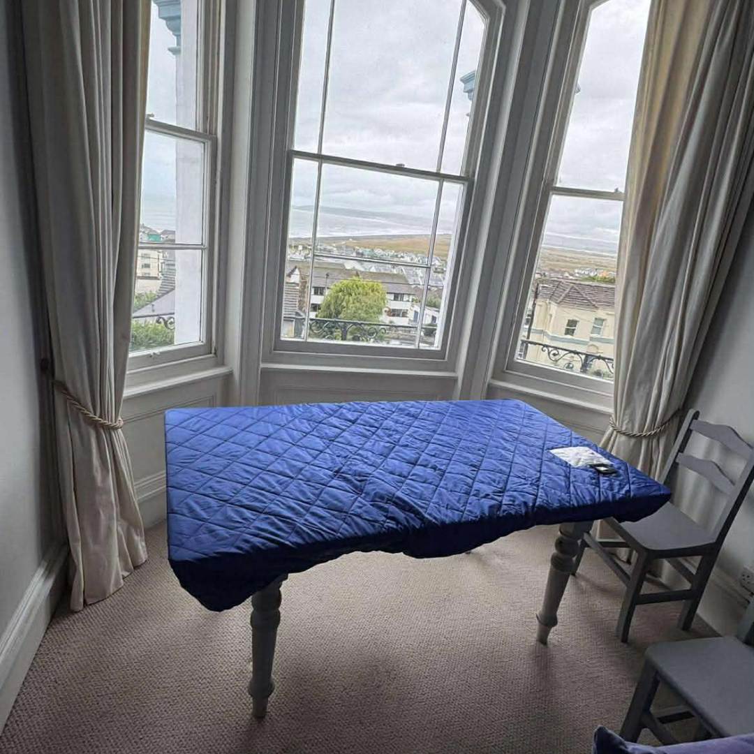 Blue-covered table by a bay window in a carpeted room, with curtains and a view of houses outside.