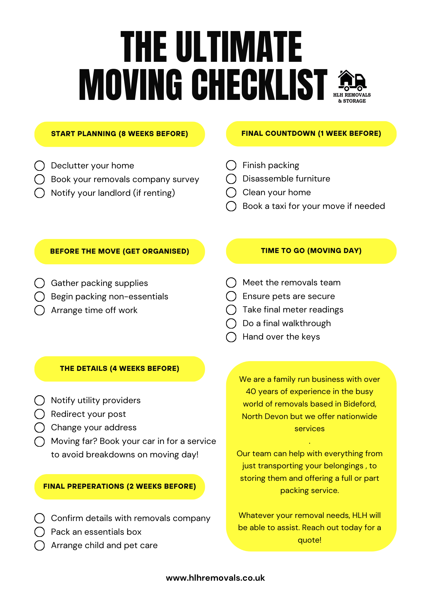 Infographic titled “The Ultimate Moving Checklist” with yellow section headers and a checklist layout.