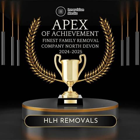 HLH Removals award graphic with gold trophy and laurel wreath, labeled “Apex of Achievement 2024-2025” on black background