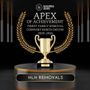 HLH Removals award graphic with gold trophy and laurel wreath, labeled “Apex of Achievement 2024-2025” on black background