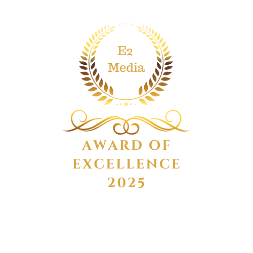 Gold laurel award emblem reading “E2 Media Award of Excellence 2025”