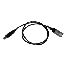 A black cable with a connector on it on a white background.