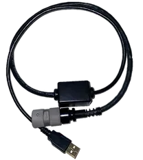 A black usb cable with a gray connector on a white background.